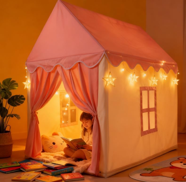 Pink Play Tent House with Curtains — Indoor Princess Playhouse with Soft Fabric Roof & Windows, Stable Frame Structure, Cozy Reading & Play Space for Home Use
